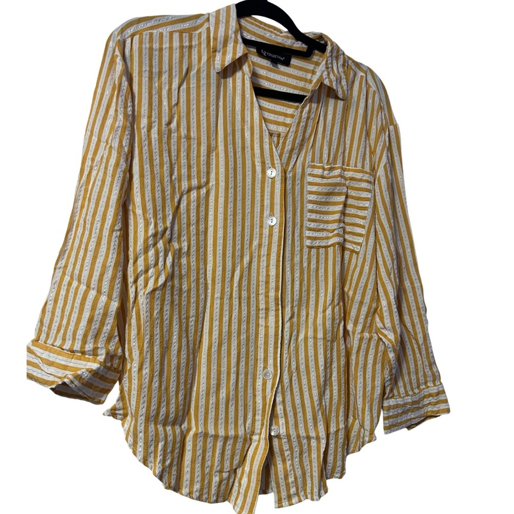 Yellow Striped Metallic Button Down Shirt 1X‎ 7221X-181 Long Sleeve